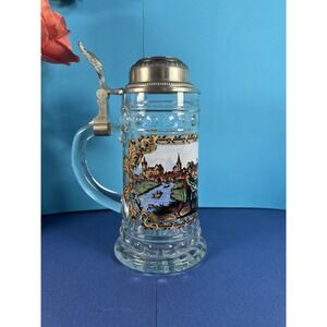 Vintage BMF Painted Glass Beer Stein with Pewter Lid - Made in West Germany